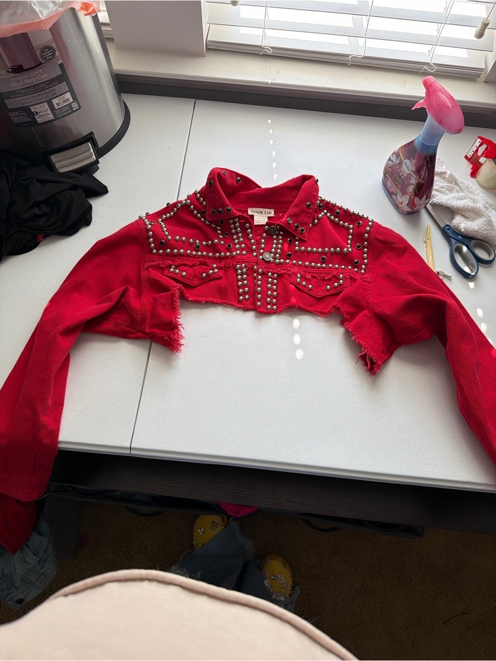 & Other Stories Red Studded Cropped Jean Jacket